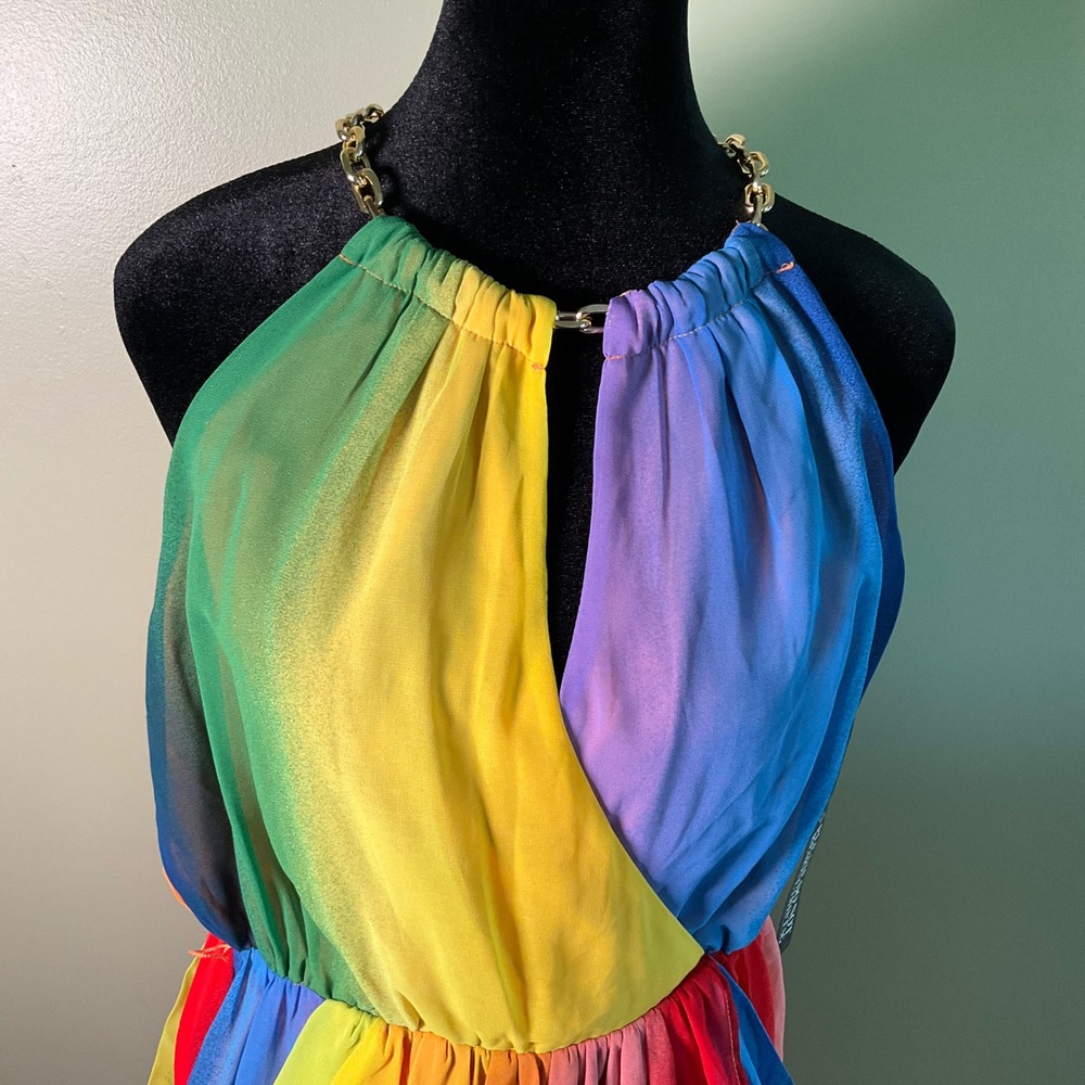 New York & Company Rainbow Ombre Halter Wrap Dress Gold Chain Neck Midi Sz M NWT - Picture 5 of 14